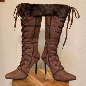 NWOT Brown faux fur Viking stiletto heel boots